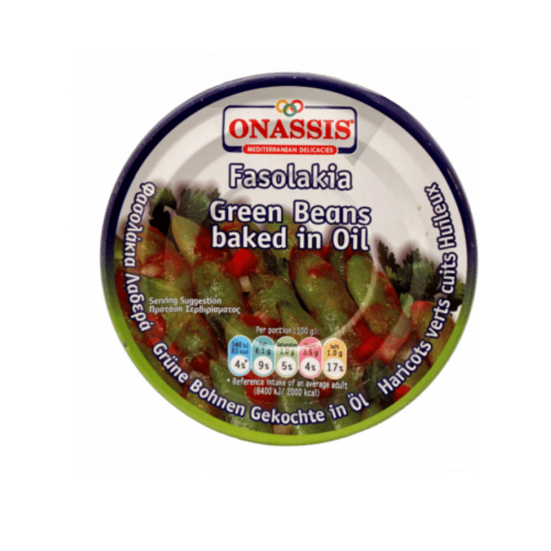 Fasolakia Ladera (Grüne Bohnen gekocht in Öl) (280g) Onassis von Onassis bei Araxxon  - Hochwertiges griechisches Produkt.   Fasolakia Ladera (Grüne Bohnen gekocht in Öl) (280g) Onassis από Onassis στο Araxxon  - Αυθεντικό ελληνικό προϊόν.